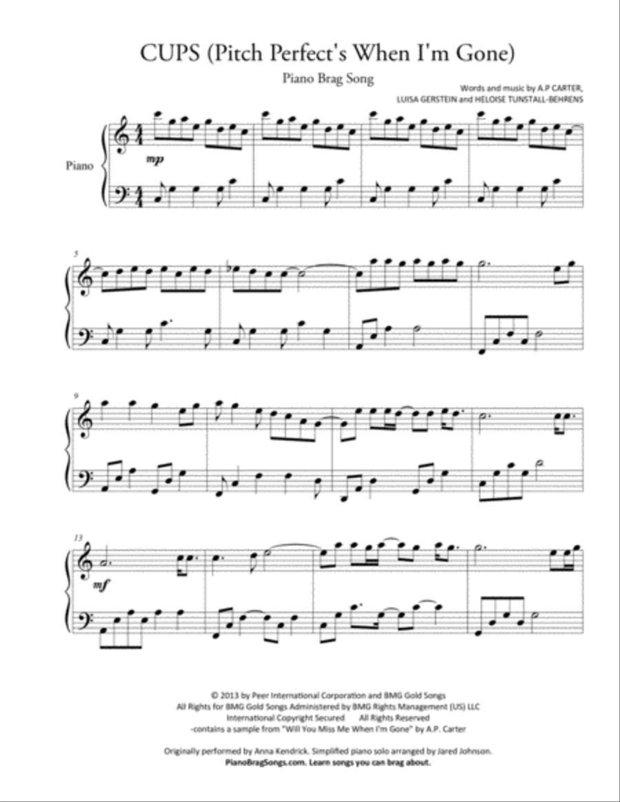 Cups (When I'm Gone) Piano Solo scores gallery preview page 1