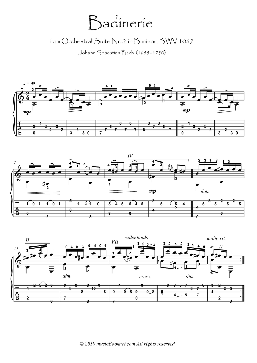 Badinerie by Bach BWV 1067 guitar solo Acoustic Guitar scores gallery preview page 1