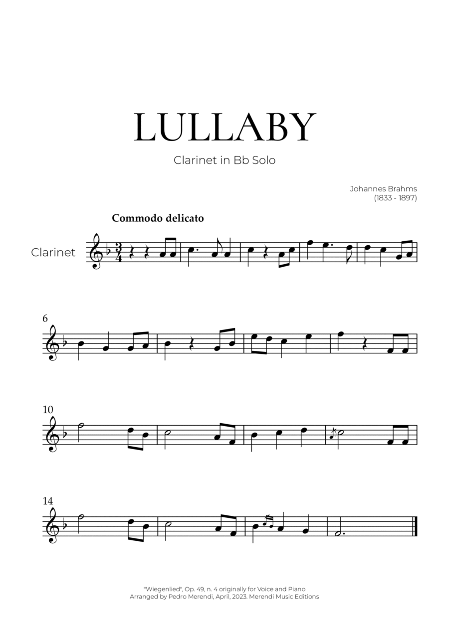 Lullaby (Clarinet Solo) - Johannes Brahms B-Flat Clarinet scores gallery preview page 1