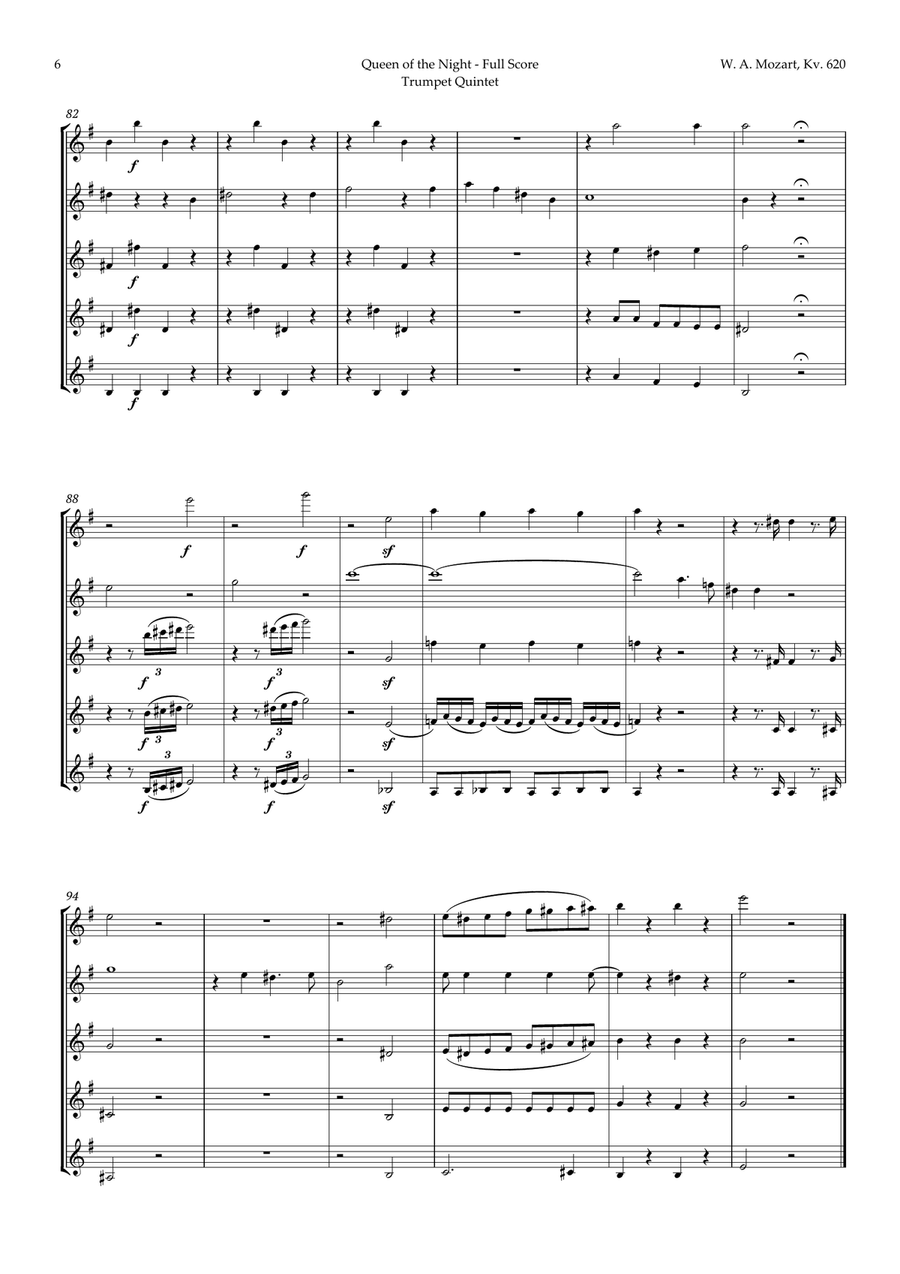 Queen of the Night Aria by Mozart for Trumpet Quintet Brass Quintet scores gallery preview page 6