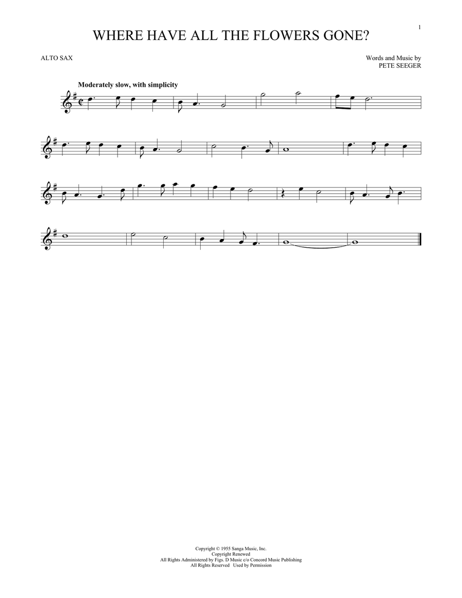 Where Have All The Flowers Gone? Alto Saxophone scores gallery preview page 1