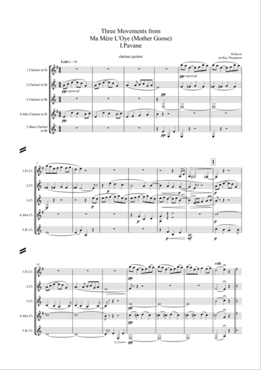 Ravel: Three Movements from Ma Mère L’Oye (Mother Goose) - clarinet quintet Clarinet Quintet scores gallery preview page 1