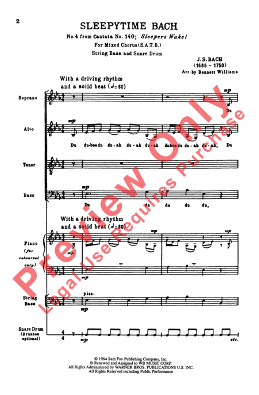 Sleepytime Bach (Sleepers Wake, Cantata 140) 4-Part scores gallery preview page 2