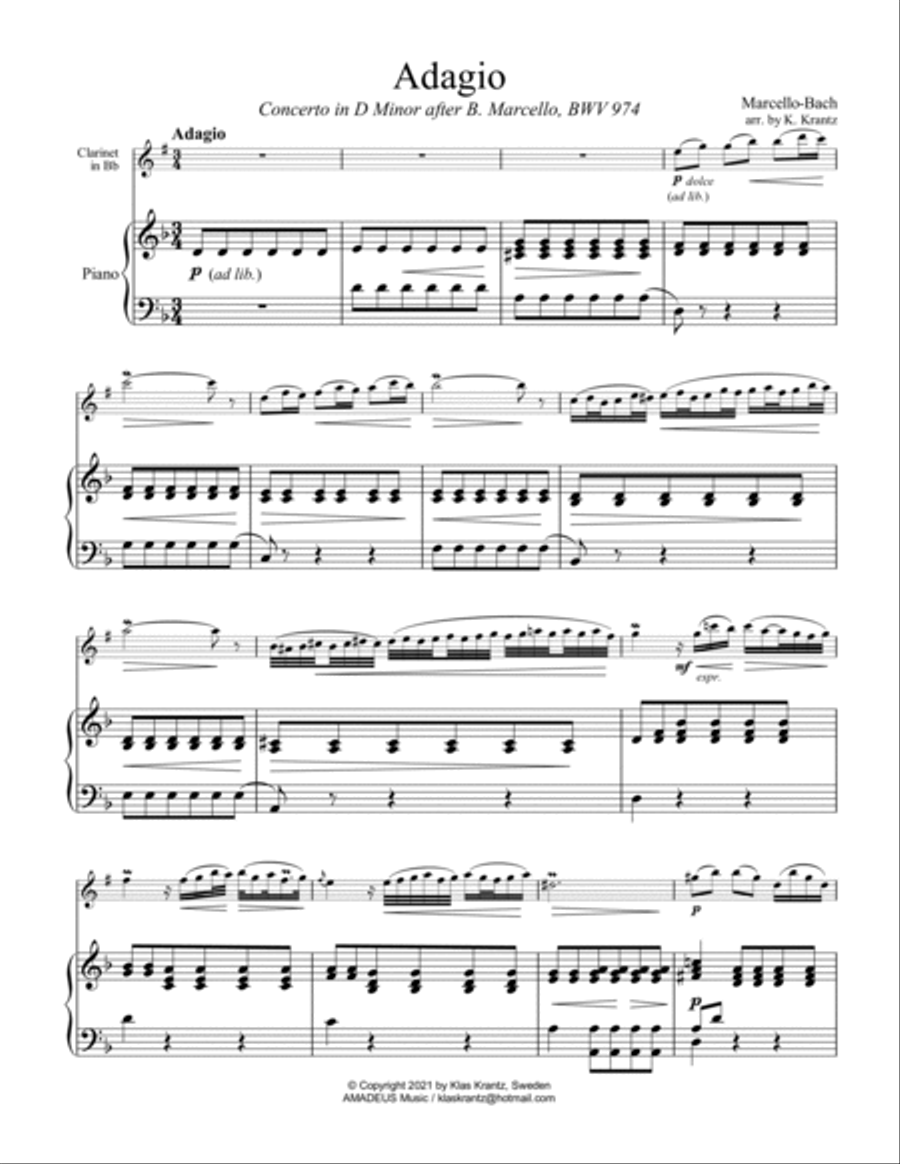 Adagio BWV 974 from Concerto in D Minor after Marcello for clarinet in Bb and piano B-Flat Clarinet scores gallery preview page 2