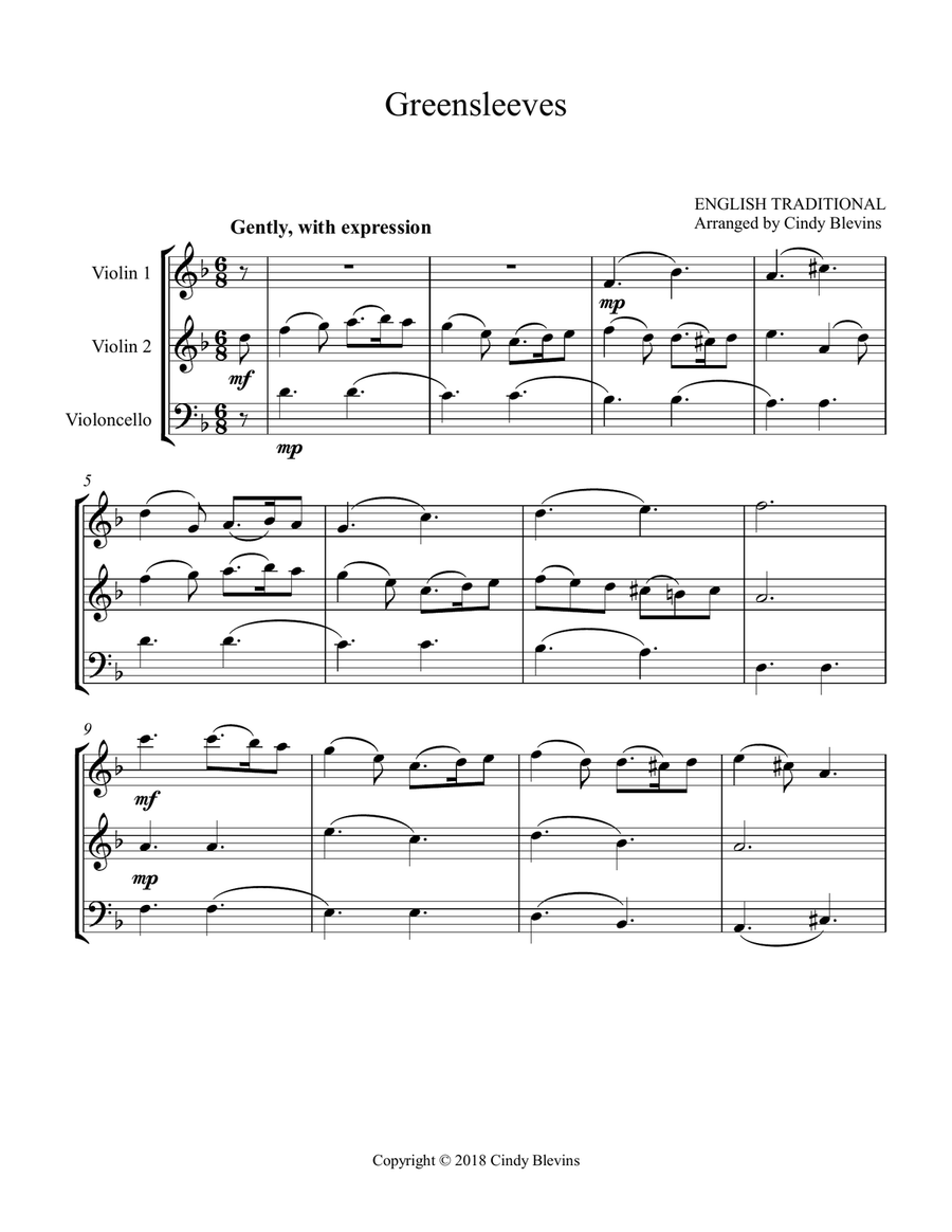 Greensleeves, for Two Violins and Cello String Trio scores gallery preview page 2