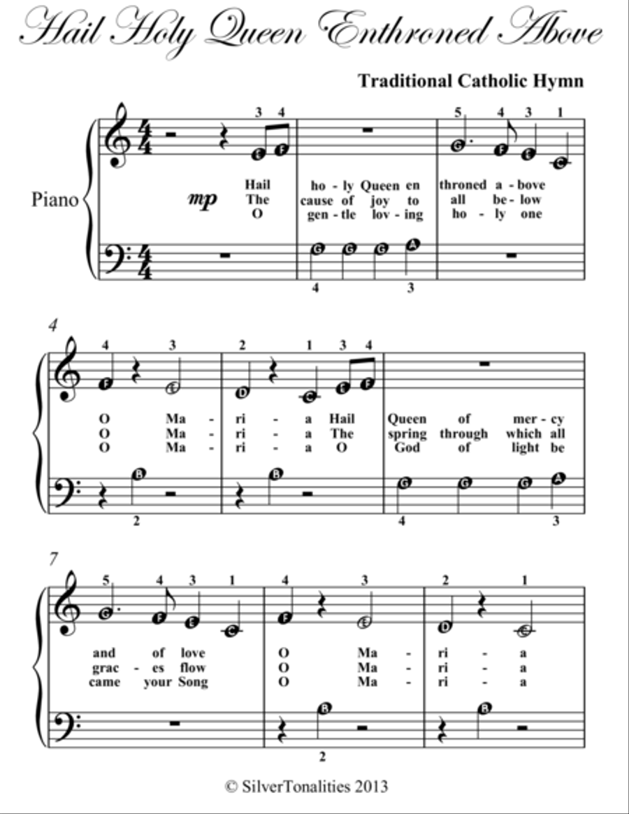 Hail Holy Queen Enthroned Above Beginner Piano Sheet Music Easy Piano scores gallery preview page 2