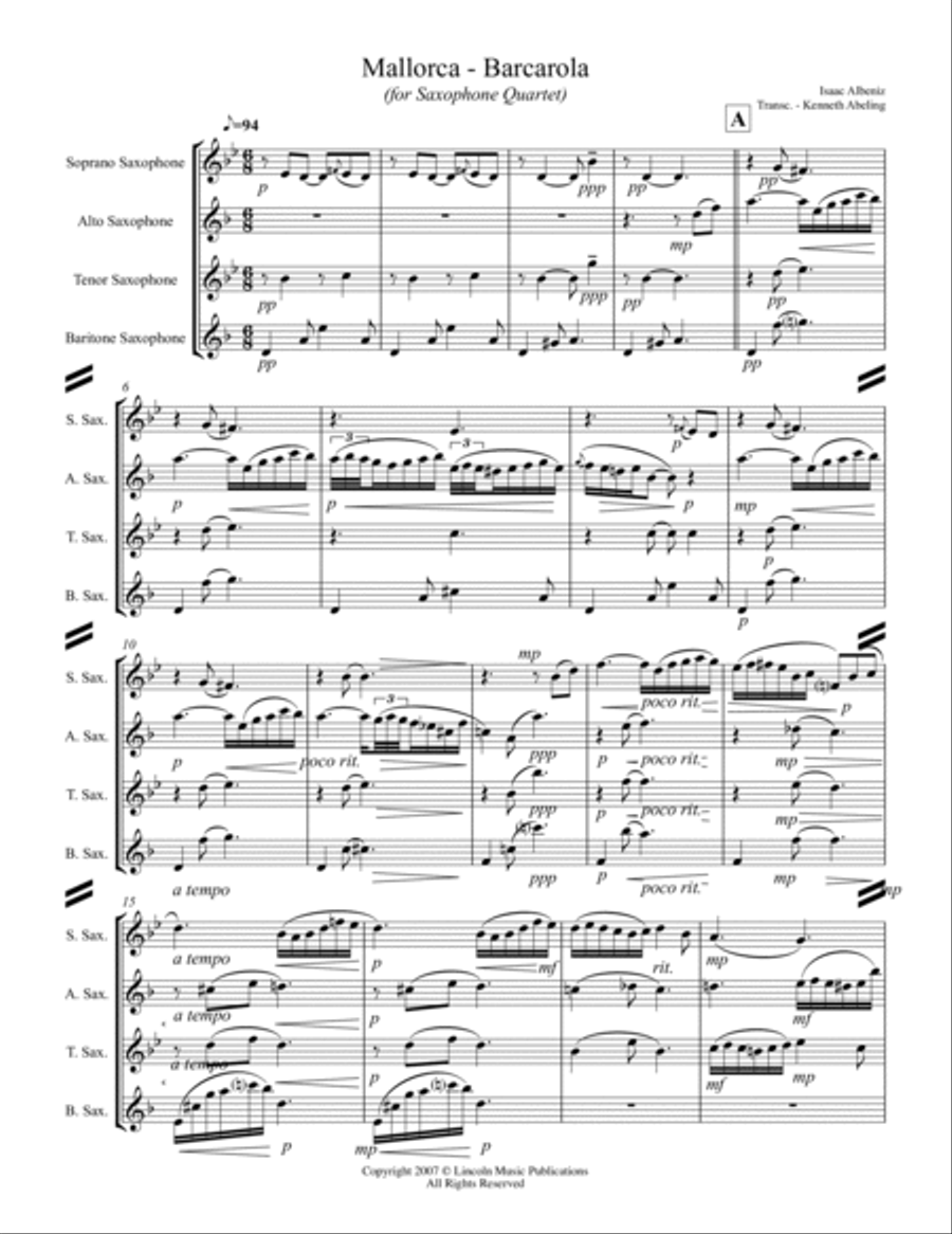 Mallorca – Barcarola (for Saxophone Quartet SATB) Saxophone Quartet scores gallery preview page 2