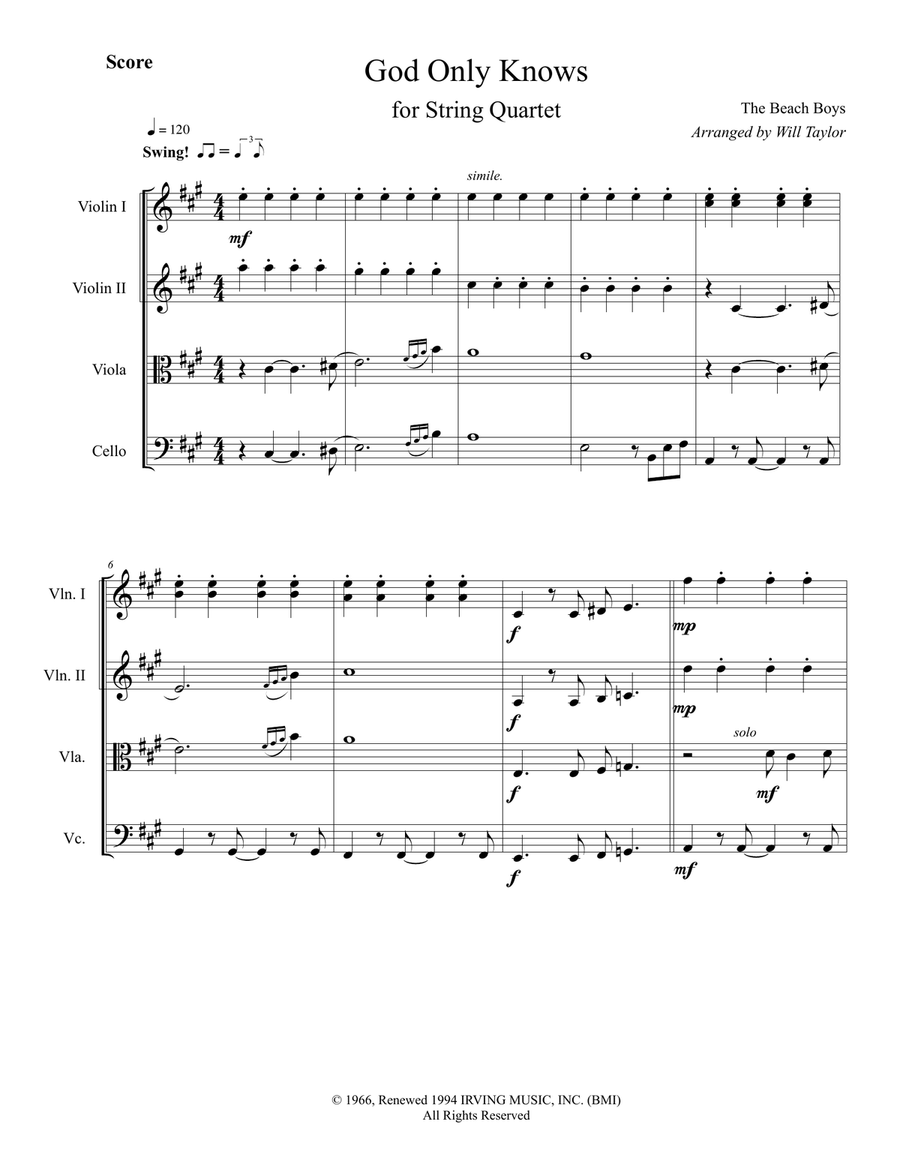 God Only Knows String Quartet scores gallery preview page 3