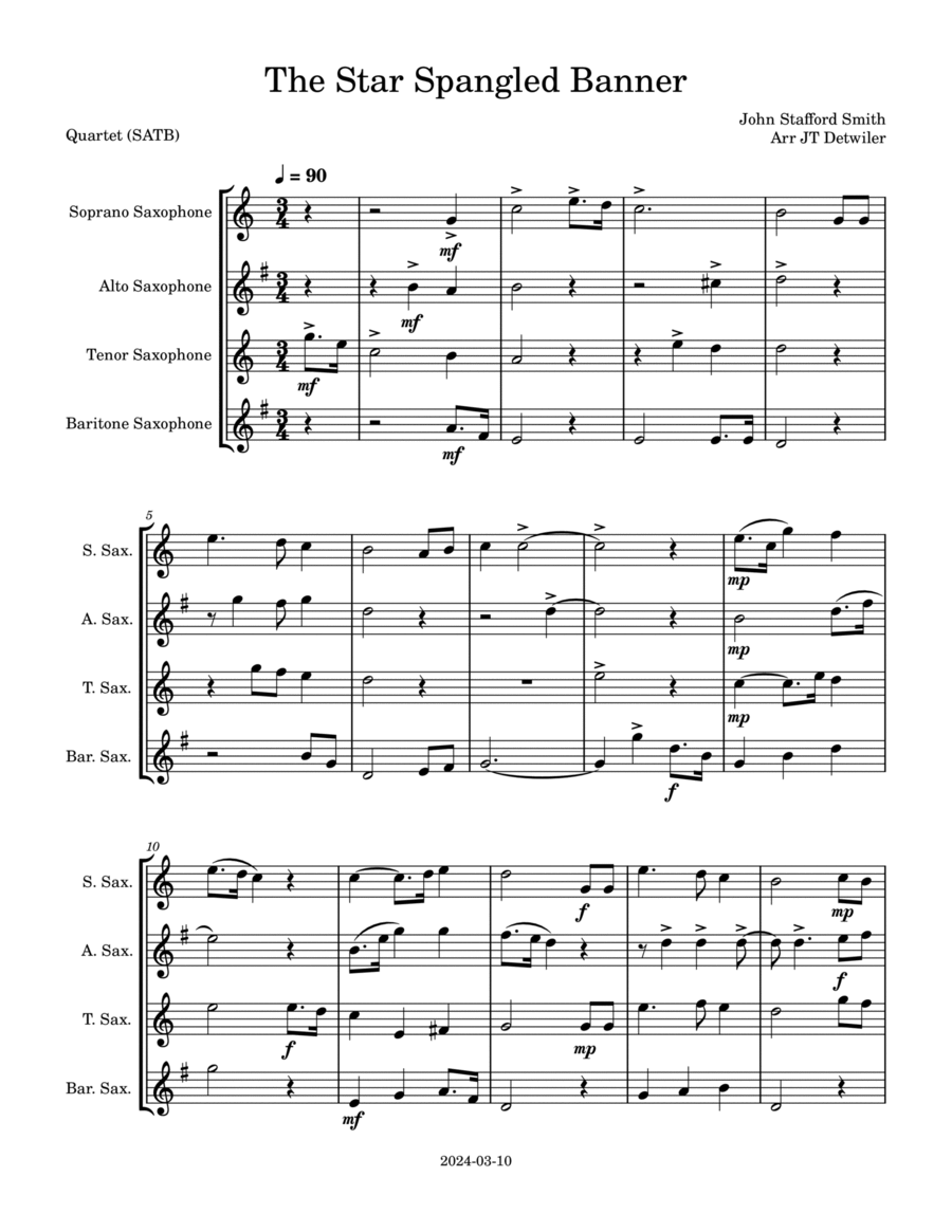 The Star Spangled Banner The Star Spangled Banner Saxophone Quartet scores gallery preview page 1