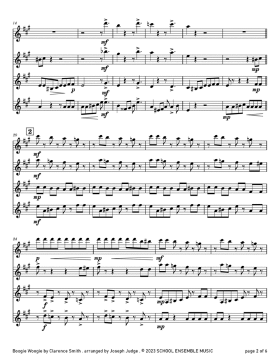 Boogie Woogie by Clarence Smith for Clarinet Quartet in Schools Clarinet Quartet scores gallery preview page 2