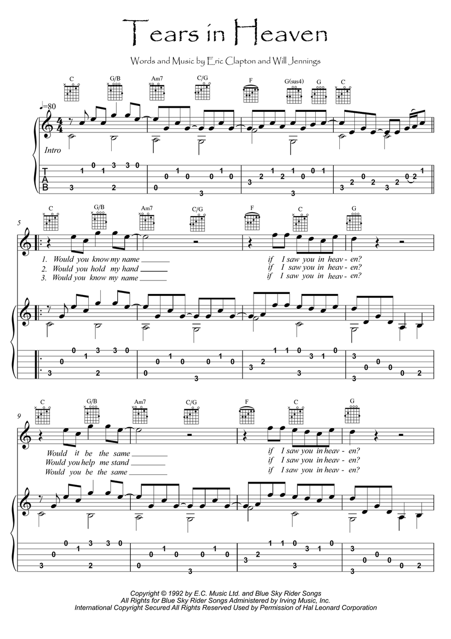 Tears In Heaven Guitar Tablature scores gallery preview page 1
