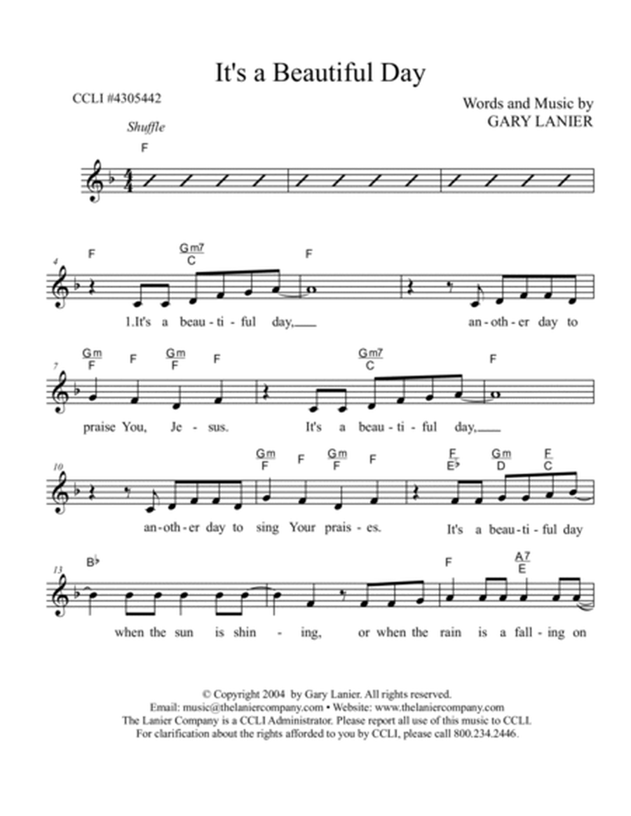 IT'S A BEAUTIFUL DAY - Extended Lead Sheet (Includes Melody, Lyrics, & Guitar Chords image number null