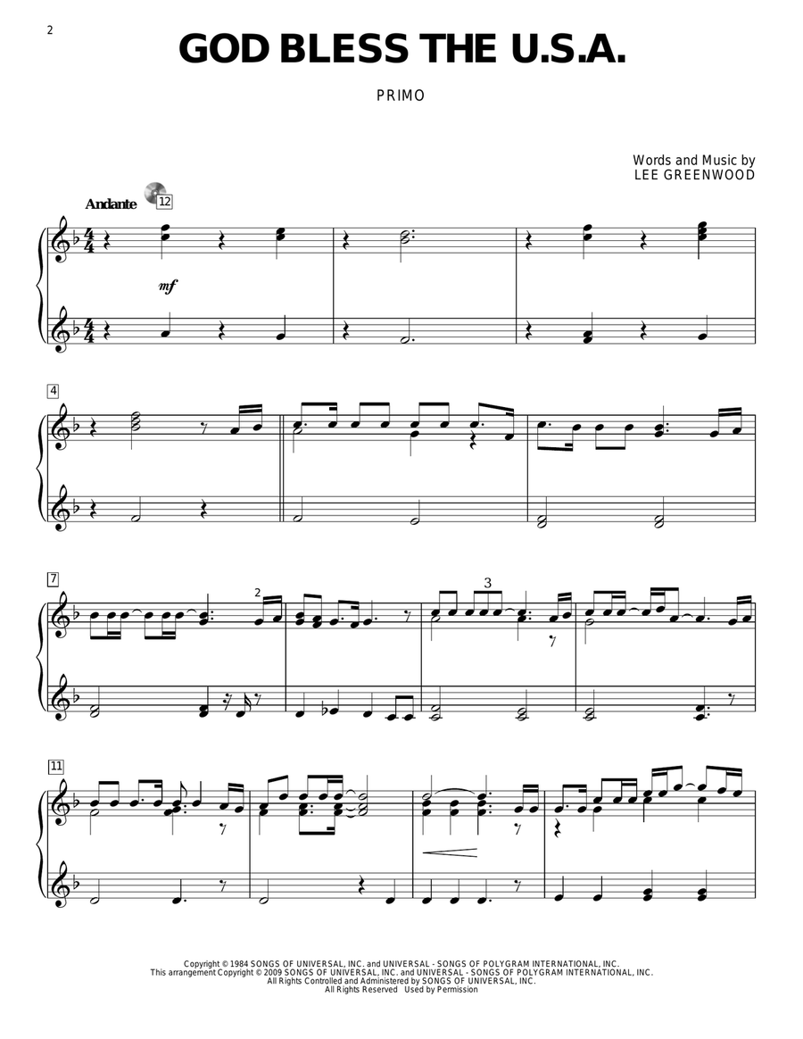 God Bless The U.S.A. Piano Duet scores gallery preview page 2