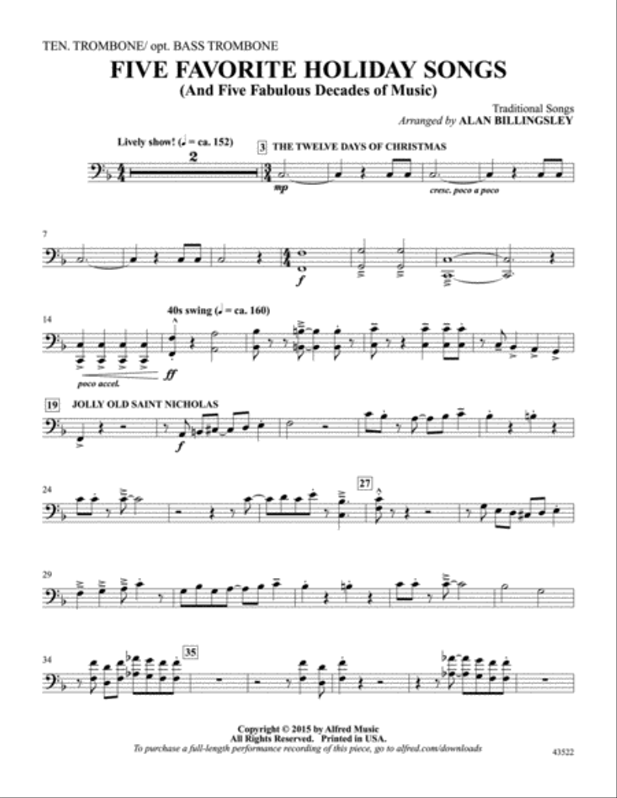 Five Favorite Holiday Songs: Tenor Trombone Trombone scores gallery preview page 1