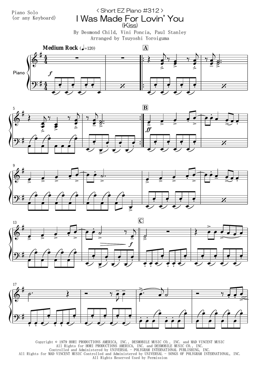 I Was Made For Lovin' You Easy Piano scores gallery preview page 1