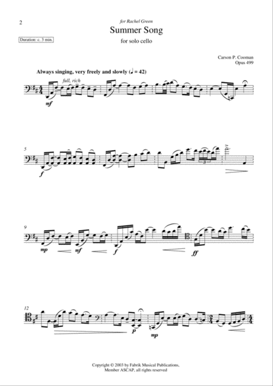 Carson Cooman: Summer Song (2003) for solo cello Cello Solo scores gallery preview page 2