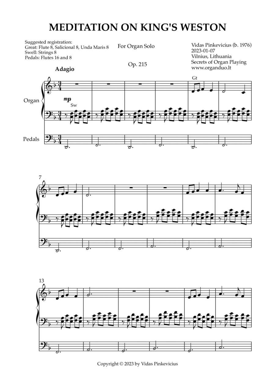 Meditation on King's Weston, Op. 215 (Organ Solo) by Vidas Pinkevicius Organ Solo scores gallery preview page 1