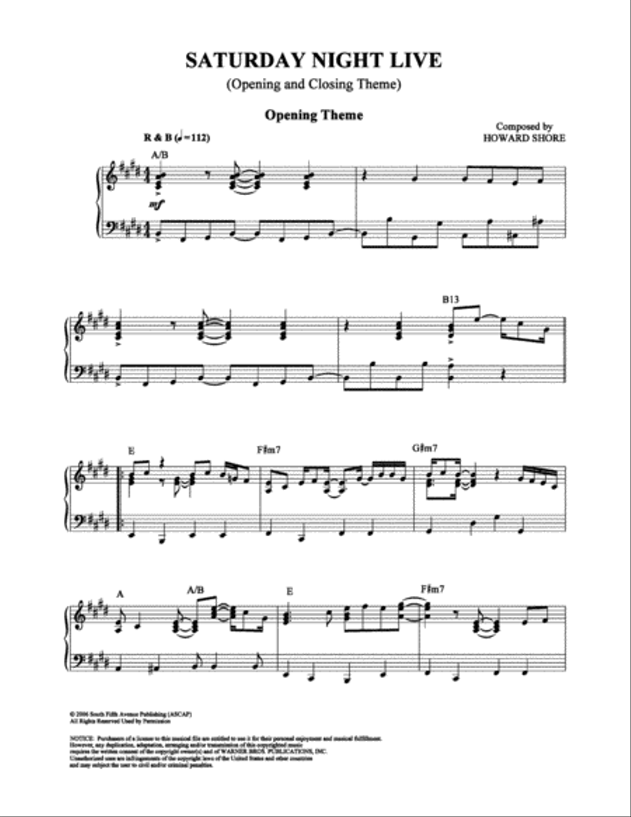 Saturday Night Live (Opening and Closing Themes) Piano Solo scores gallery preview page 1