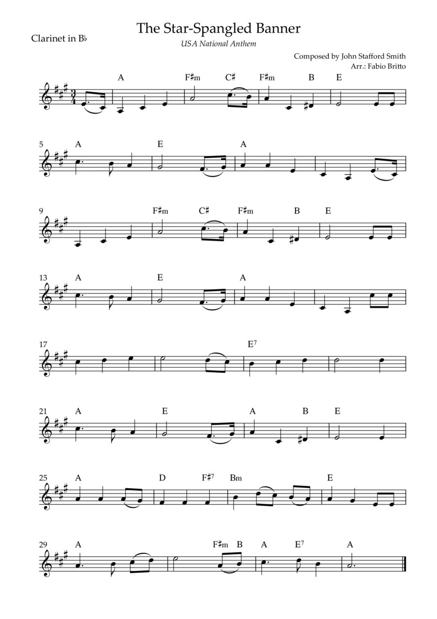 The Star Spangled Banner (USA National Anthem) for Clarinet in Bb Solo with Chords (G Major) B-Flat Clarinet scores gallery preview page 1