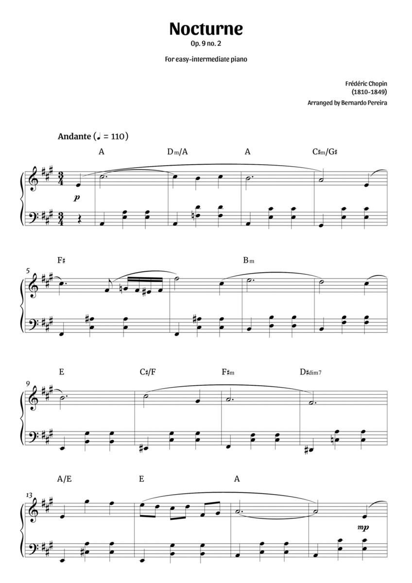 Nocturne Op. 9 no. 2 (easy-intermediate piano in A major – clean with chords) image number null