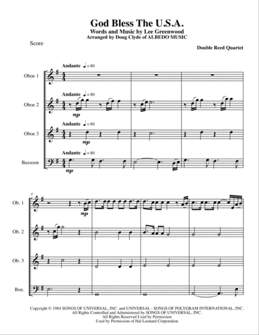 God Bless The U.S.A. Woodwind Quartet scores gallery preview page 1