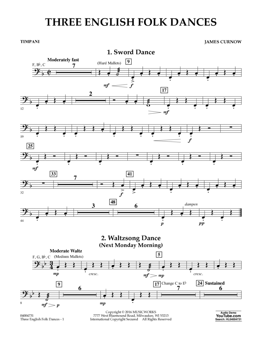Three English Folk Dances - Timpani Percussion scores gallery preview page 1