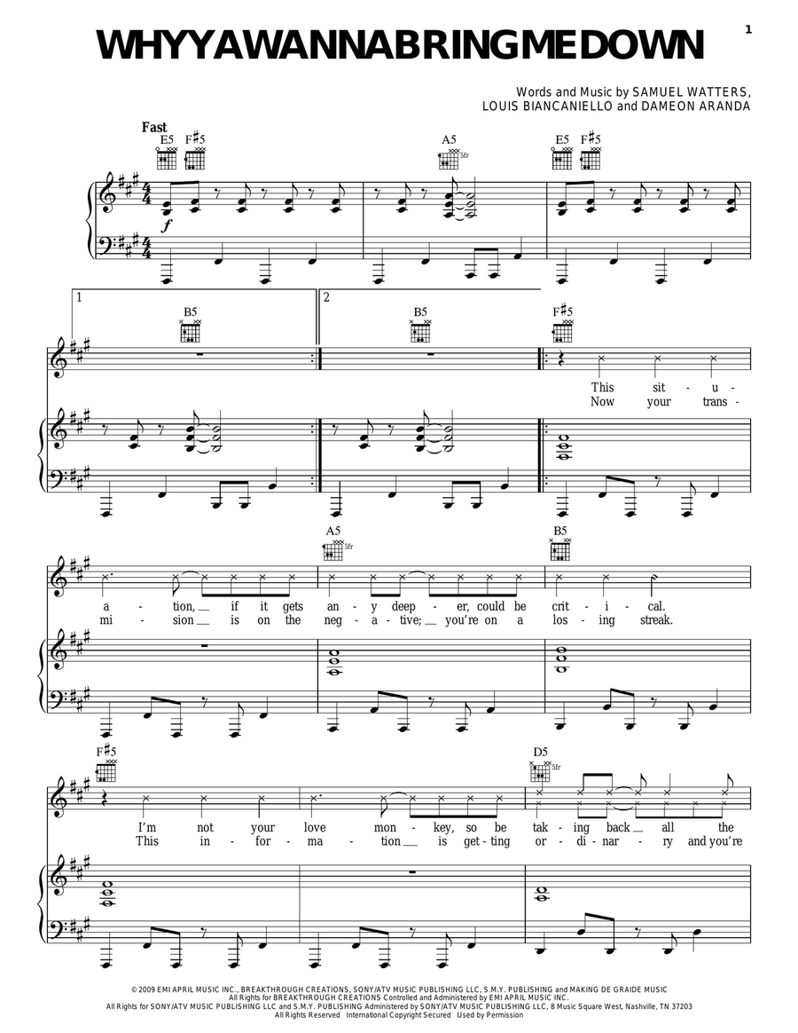 Whyyawannabringmedown Whyyawannabringmedown Piano, Vocal, Guitar scores gallery preview page 1