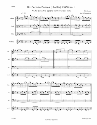 Mozart: 6 German Dances K 606 No.1 arr. for String Trio; Optional - 2nd Violin replaces the Viola