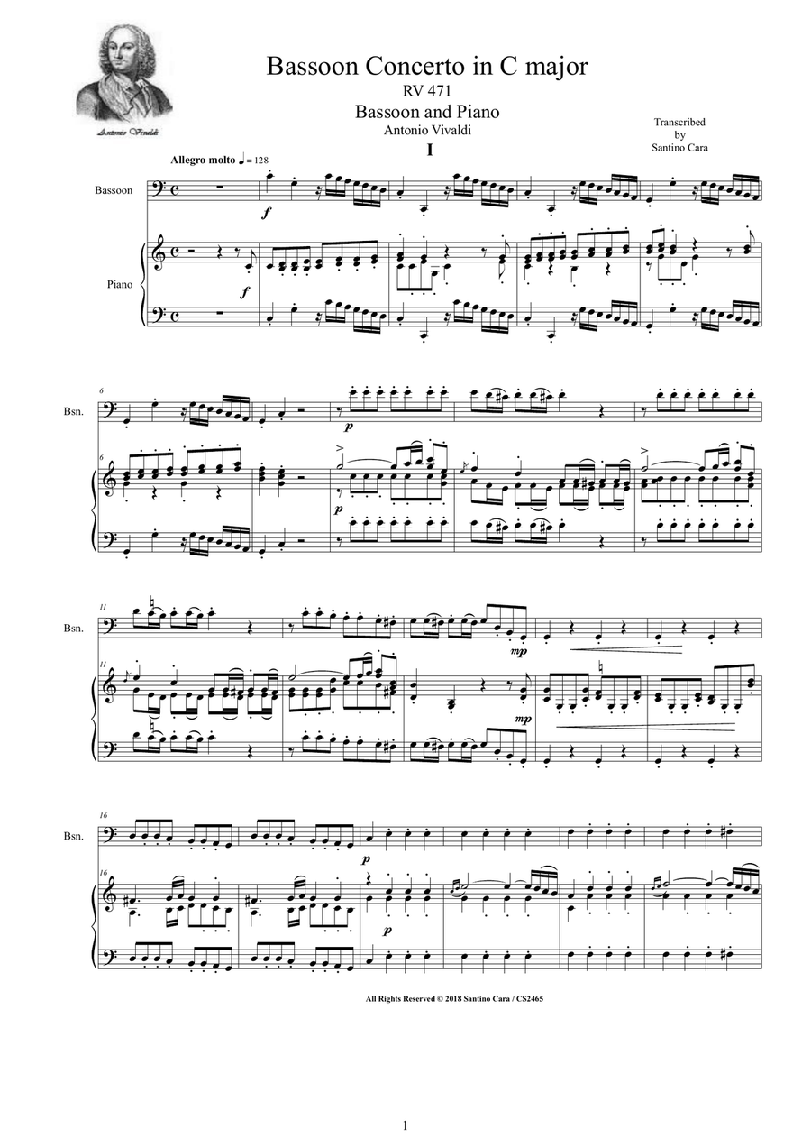 Vivaldi - Bassoon Concerto in C major RV471 for Bassoon and Piano Bassoon Solo scores gallery preview page 1