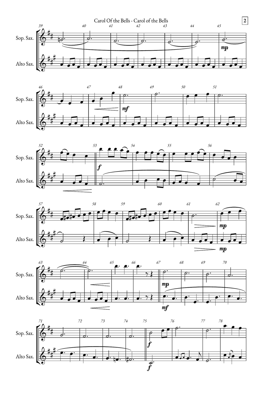 Carol of the Bells Soprano Saxophone scores gallery preview page 2