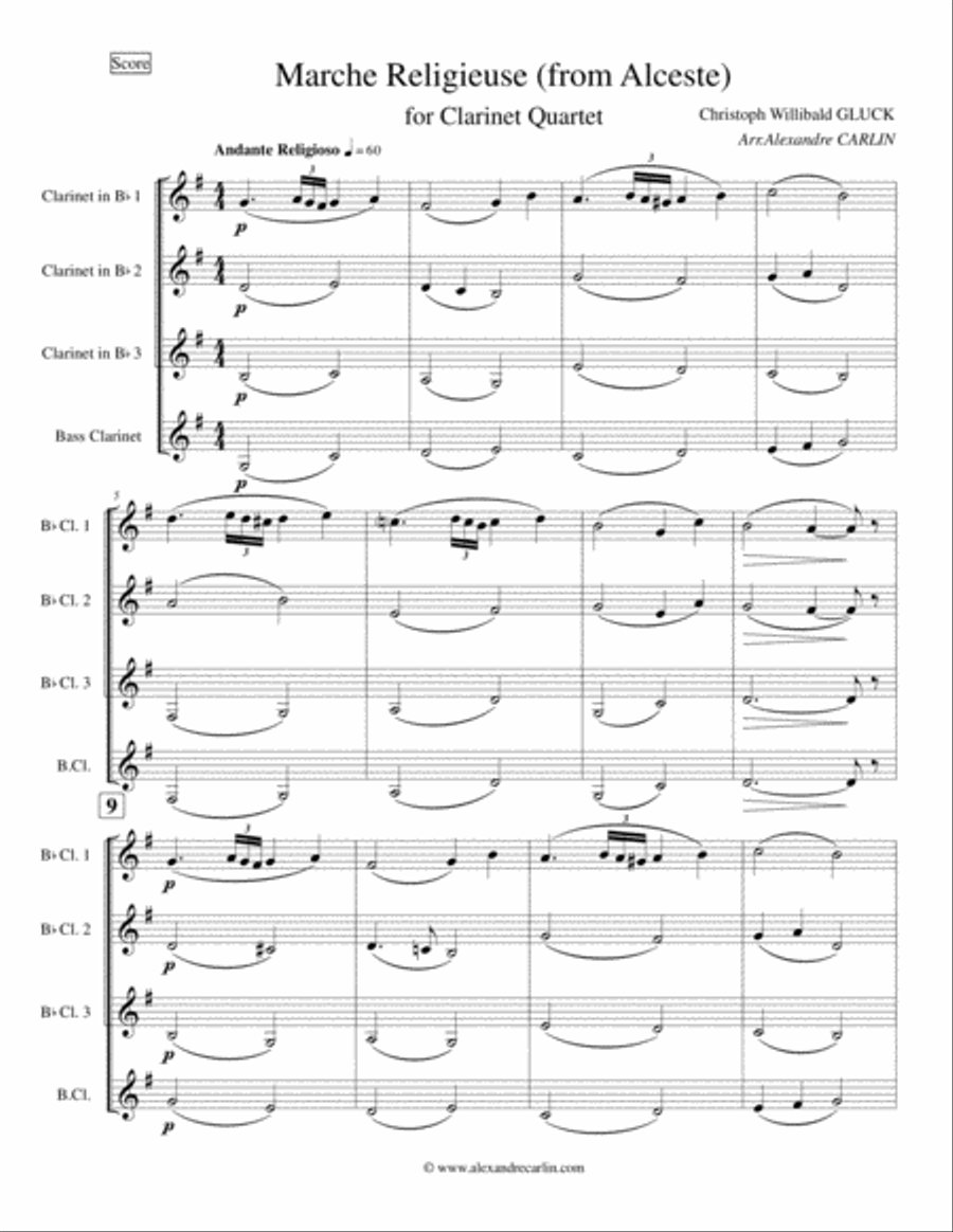 Marche Religieuse (from Alceste) by Gluck - Arranged for Clarinet Quartet Clarinet Quartet scores gallery preview page 5