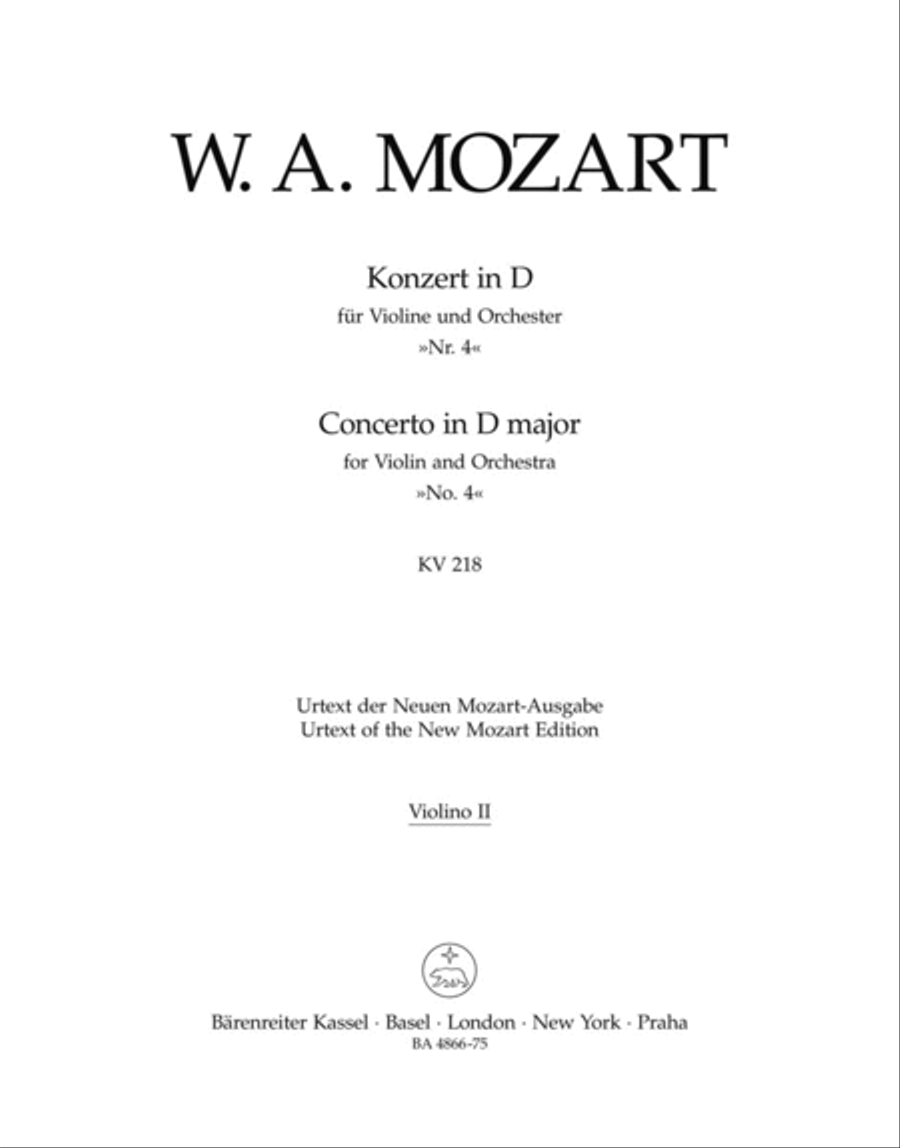 Concerto for Violin and Orchestra, No. 4 D major, KV 218 by Wolfgang Amadeus Mozart Violin Solo - Sheet Music