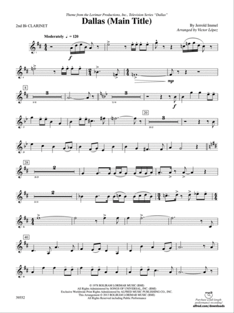 Dallas (Main Title): 2nd B-flat Clarinet Concert Band scores gallery preview page 1