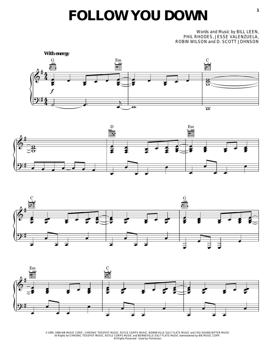 Follow You Down Piano, Vocal, Guitar scores gallery preview page 1