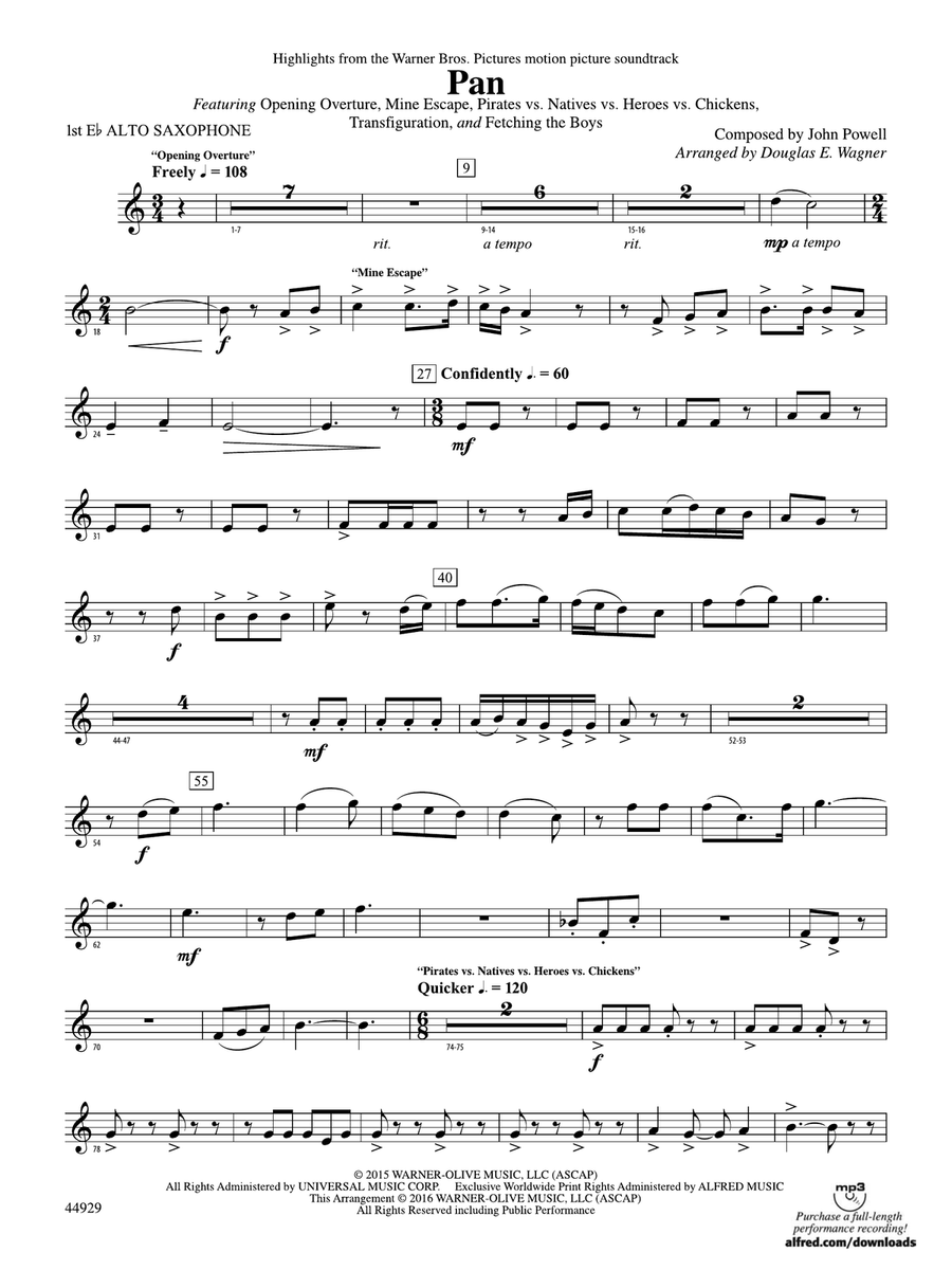 Pan: Highlights from the Warner Bros. Pictures Motion Picture Soundtrack: E-flat Alto Saxophone