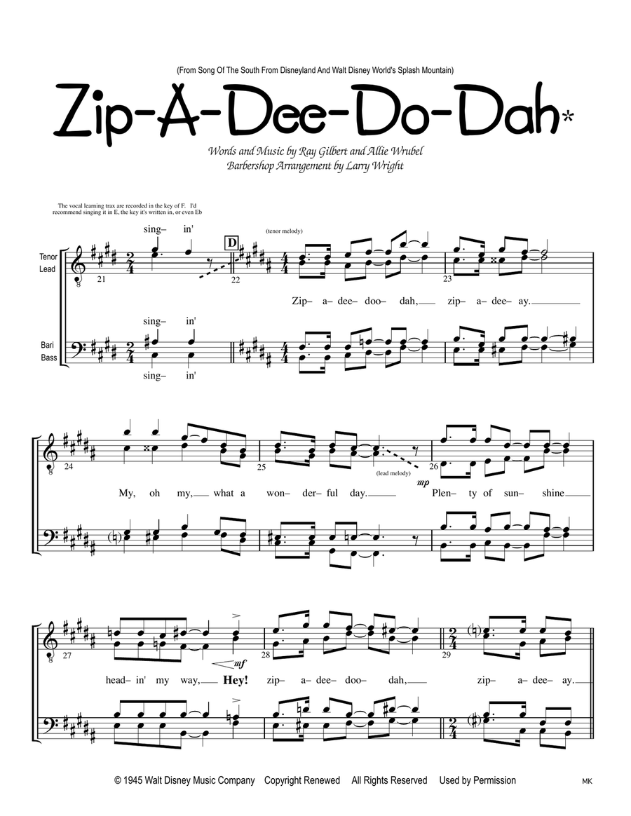 Zip-a-dee-doo-dah TTBB scores gallery preview page 1
