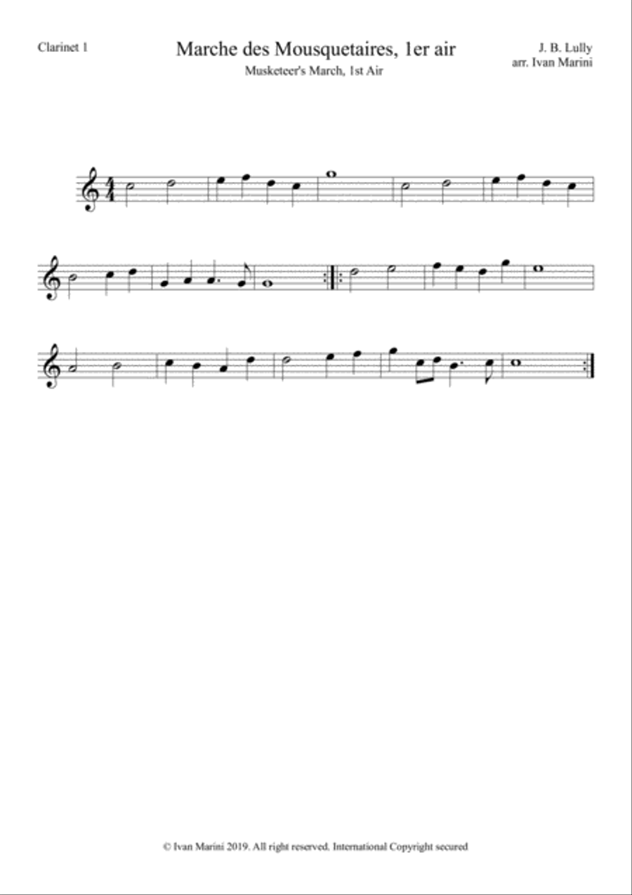 MARCHE DES MOSQUETAIRES (Musketeer's March) - by J. B. Lully - for 4 Clarinets Clarinet Quartet scores gallery preview page 3