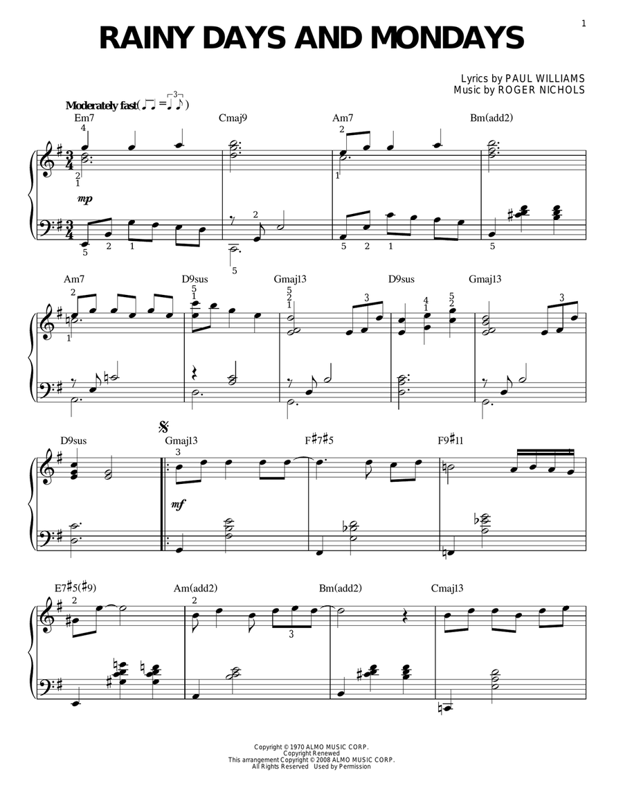 Rainy Days And Mondays [Jazz version] (arr. Brent Edstrom) Piano Solo scores gallery preview page 1