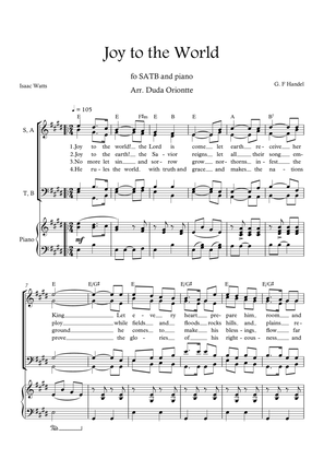 Joy to the World (E major - SATB - with chords - with piano - four staff)