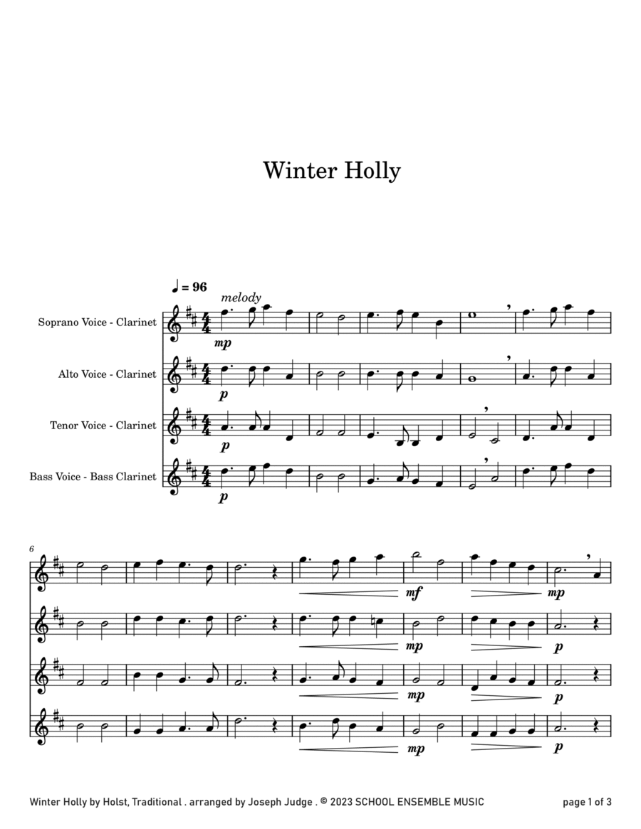 Winter Holly for Clarinet Quartet in Schools Clarinet Quartet scores gallery preview page 1