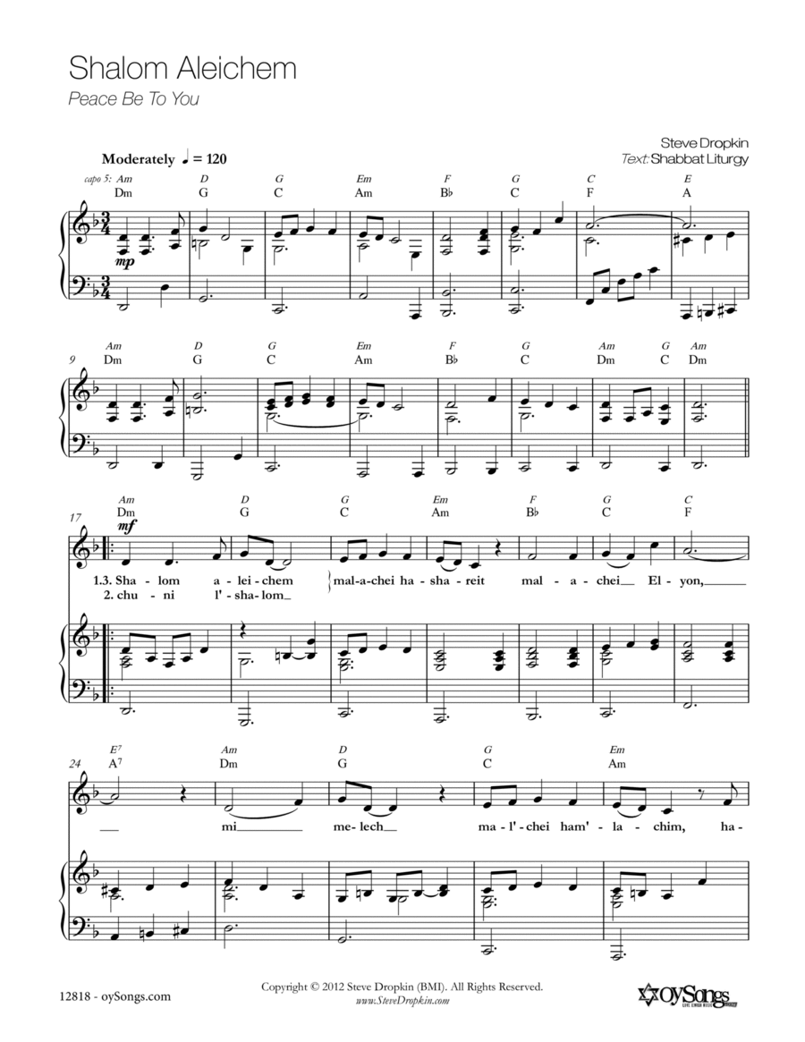 Shalom Aleichem Piano, Vocal, Guitar scores gallery preview page 1