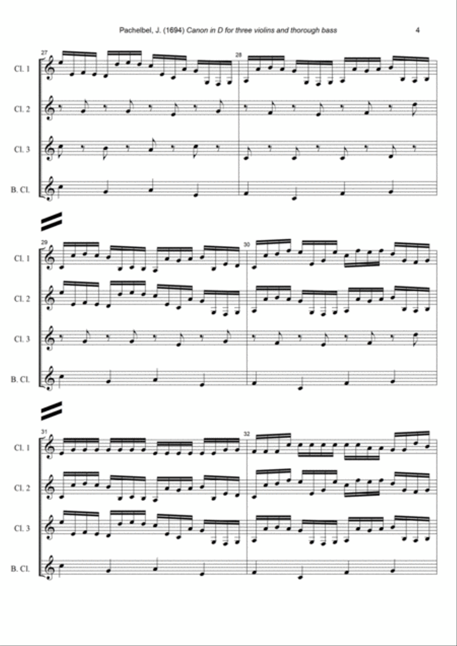 J. Pachelbel - Canon in D-dur, arr. for Clarinet Quartet Clarinet Quartet scores gallery preview page 4