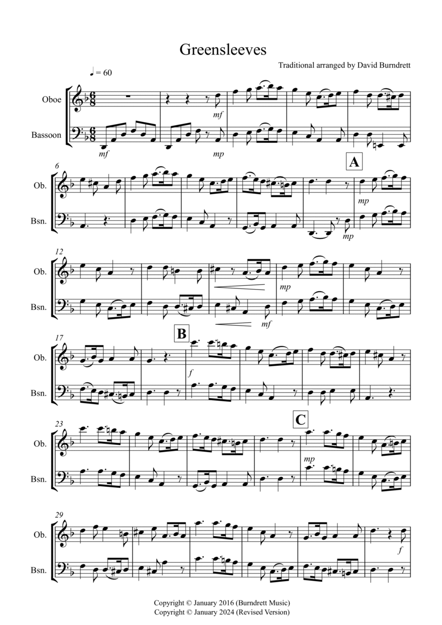 Greensleeves for Oboe and Bassoon Duet Woodwind Duet scores gallery preview page 1