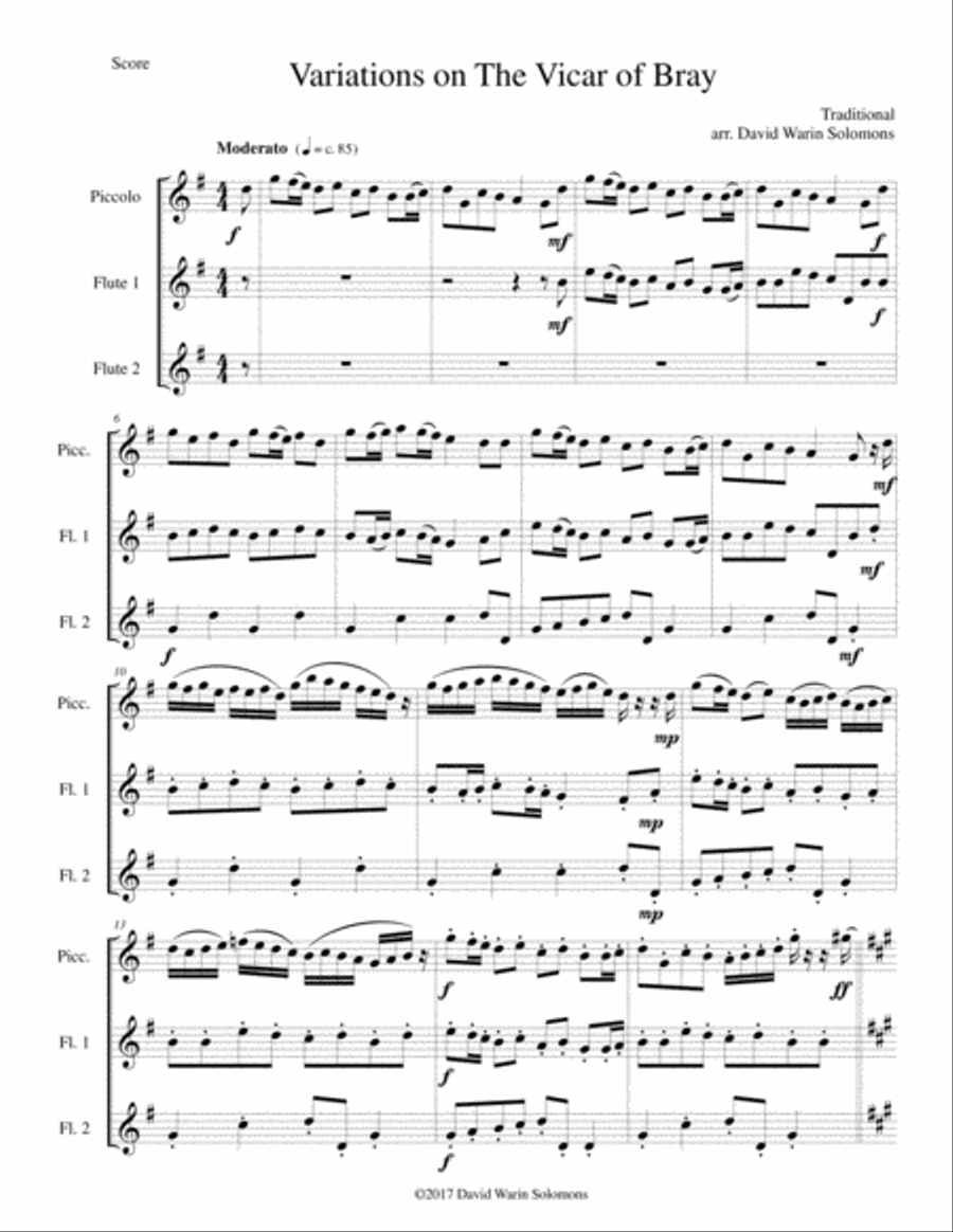 Variations on the Vicar of Bray for flute trio (piccolo and 2 flutes) Flute Trio scores gallery preview page 1