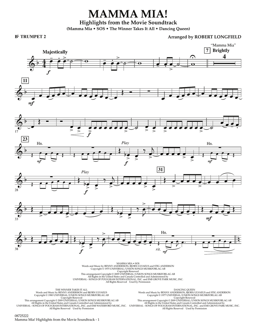 Mamma Mia! - Highlights from the Movie Soundtrack - Bb Trumpet 2 Concert Band scores gallery preview page 1