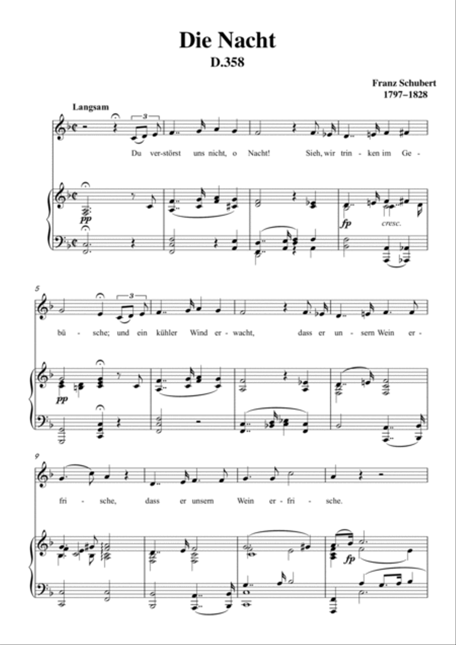 Schubert-Die Nacht in F D.358,for Vocal and Piano Voice scores gallery preview page 2