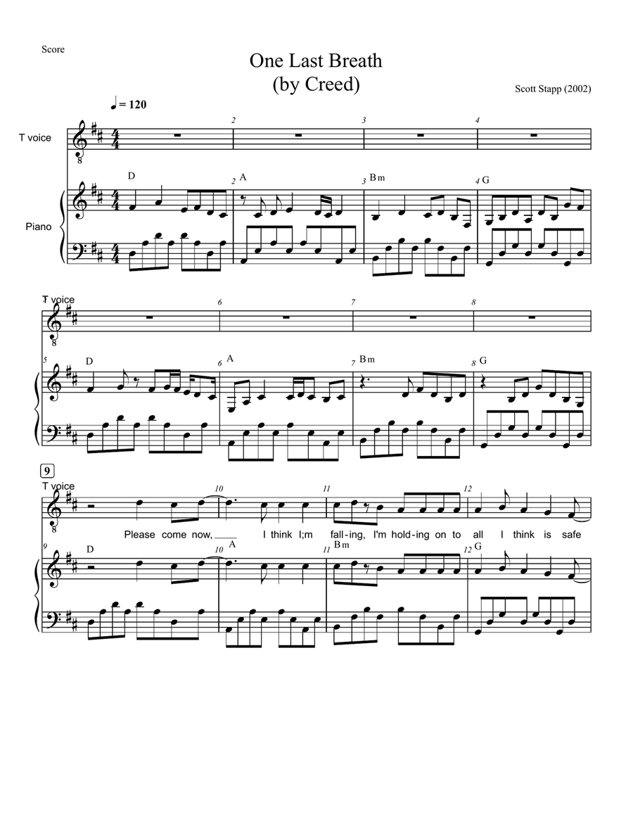 One Last Breath Piano, Vocal, Guitar scores gallery preview page 1