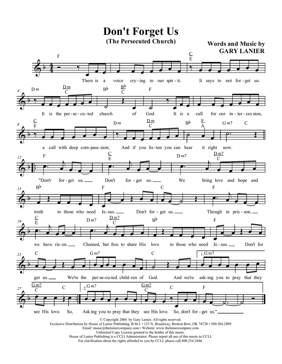 WORSHIP MUSIC! DON'T FORGET US, Lead Sheet (Includes melody, lyrics and chords) Piano scores gallery preview page 1