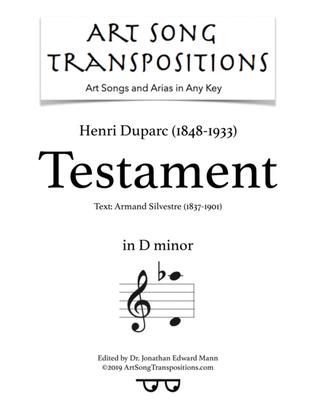 Book cover for DUPARC: Testament (transposed to D minor)