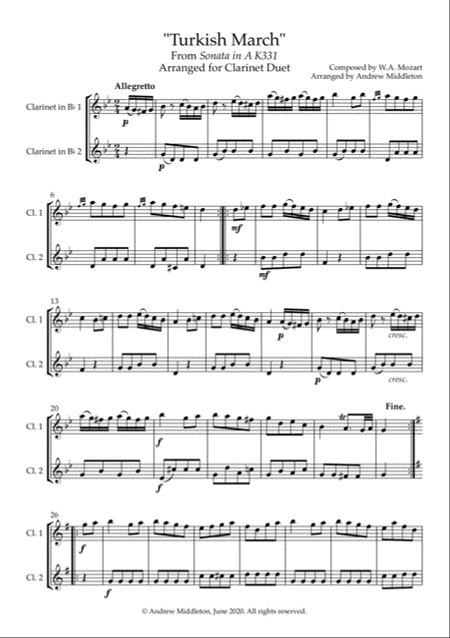 Turkish March arranged for Clarinet Duet Clarinet Duet scores gallery preview page 3